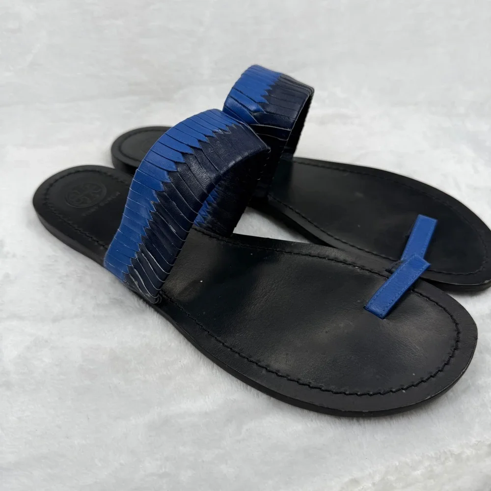Tory Burch Blue Woven Leather Toe Ring Slide Flat Sandals Womens 8.5 Estimated